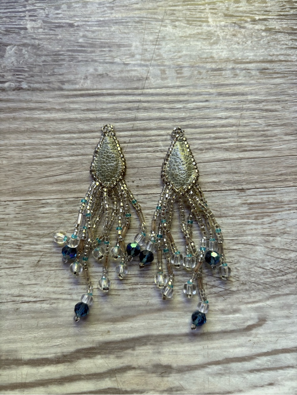 Beaded Fringe Drop Earrings - Gold and Teal